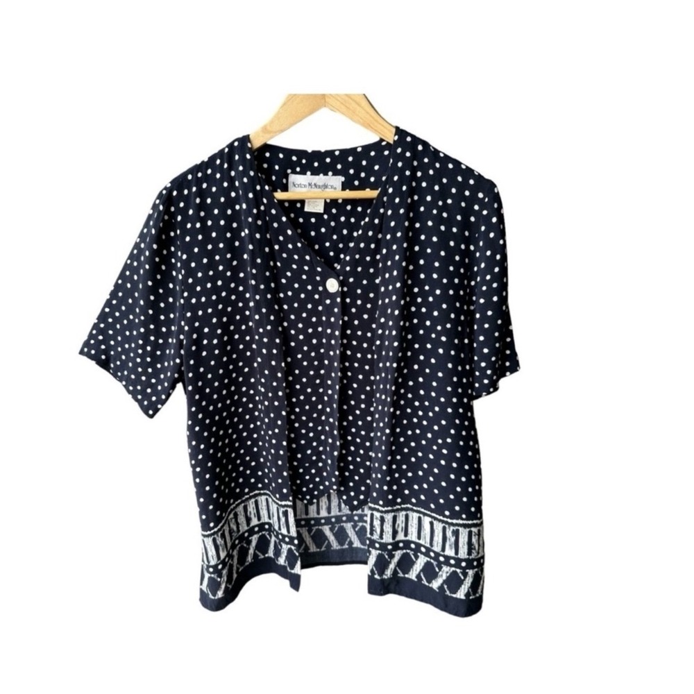 Norton McNaughton Vintage 90s Blouse Top Navy Polka Dot Short Sleeve Vest Size 8